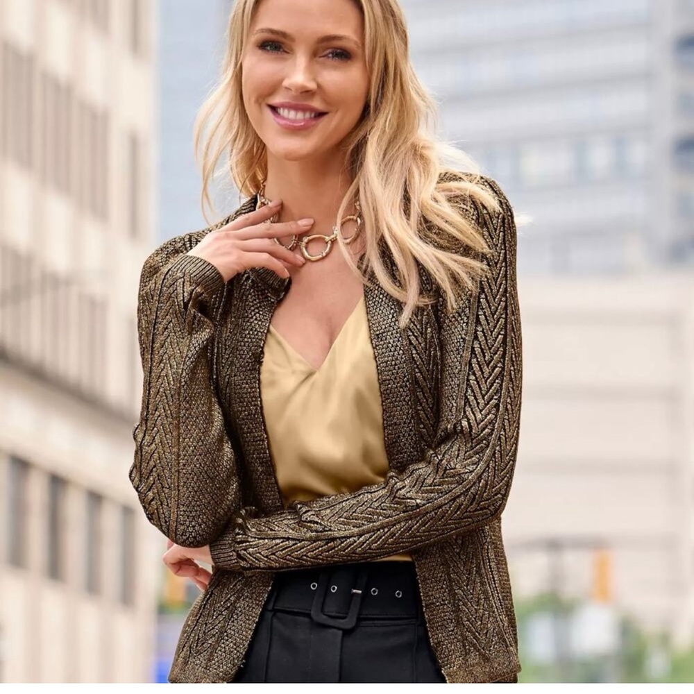 Boston Proper Gold Foil Metallic Cable Knit Cardigan Sweater Large NWOT